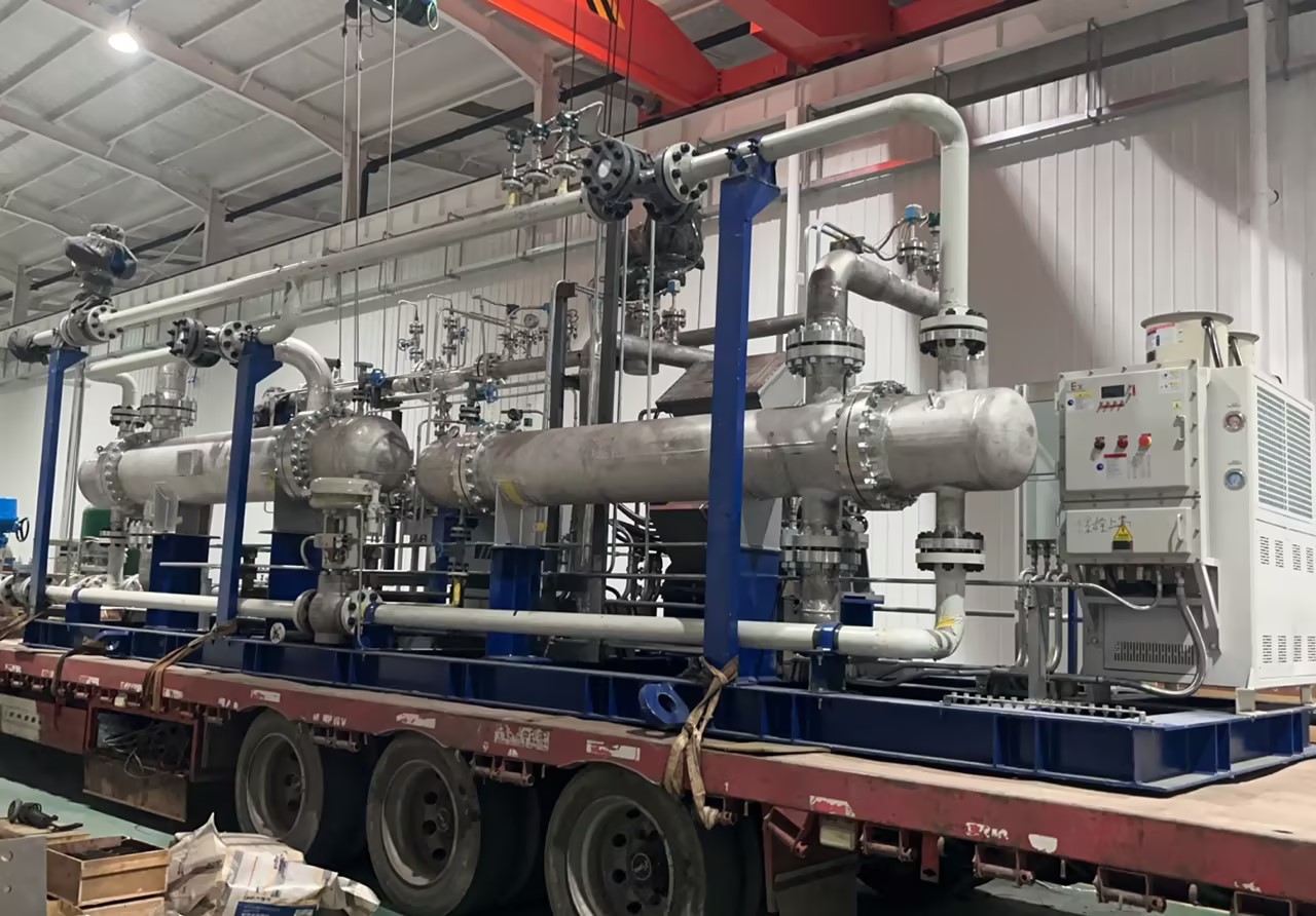 Natural-gas turboexpander package loaded on a truck inside the factory.